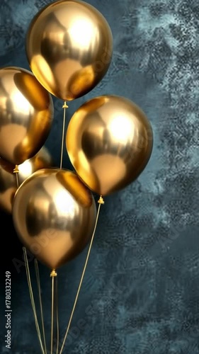 Bright golden balloons float against a dark textured wall, adding a touch of elegance to any celebration