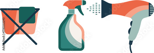 Hair Dryer Spray Bottle and Laundry Basket Flat Design cleaning beauty