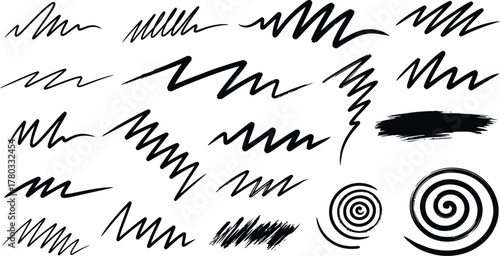 Hand drawn charcoal pencil lines, smears and squiggles set. Scribble black strokes, curly scribbles. Grungy graphite pen art brushes, textured doodle