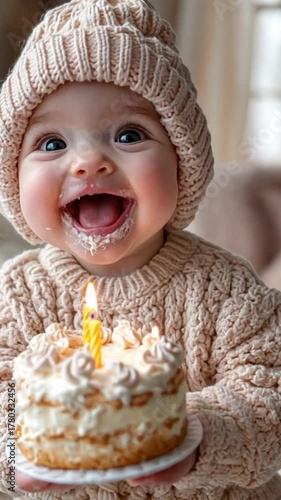 Baby celebrates first birthday with joyful smile and tasty cake in cozy indoor setting