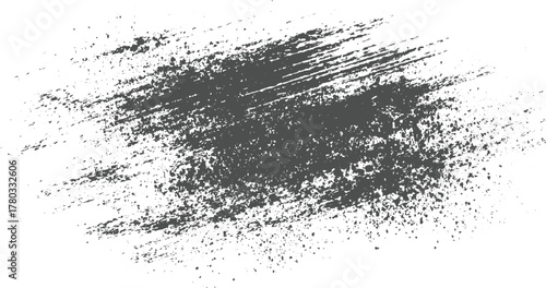 Dark grey textured brush strokes and splatters on white background abstract black