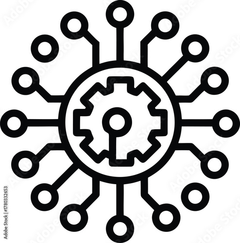 Circuit board with cogwheel symbol representing technical settings and AI