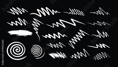 Hand drawn charcoal pencil lines, smears and squiggles set. Scribble black strokes, curly scribbles. Grungy graphite pen art brushes, textured doodle