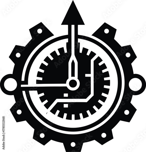 Time management gear cogwheel icon with clock hands and arrows symbol