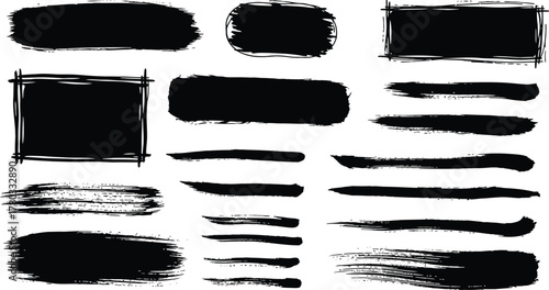 Mega bundle of different ink brush strokes:rectangle,square and round freehand drawings.Ink splatters,grungy painted lines,artistic design elements:waves,circles,triangles.