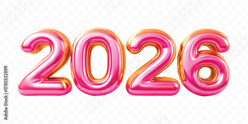 realistic 3d 2026 typography made by with different color foil balloons isolated on transparent background