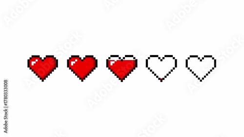 Animation of pixel game life hearts bar on white transparent background. 8 bit health heart bar, retro game symbols set. Game over concept. 4k animation video	