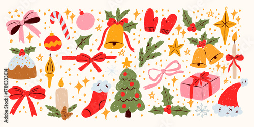 Christmas and New Year doodle vector set. 