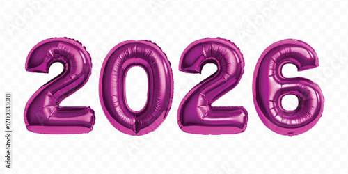 realistic 3d 2026 typography made by with different color foil balloons isolated on transparent background