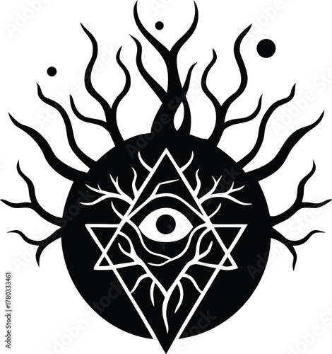Abstract tree root system with all-seeing eye and geometric star symbol