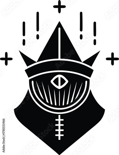 Abstract pointed helmet with an eye and crosses in a dark, mysterious style