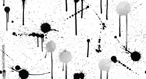 Grunge ink splatter. Splash of paints, spray drops staining and frame with wet paint drop traces vector set. Illustration splash and drip design, silhouette 