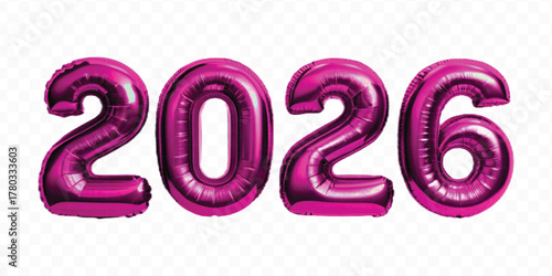 realistic 3d 2026 typography made by with different color foil balloons isolated on transparent background