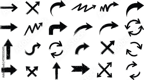 set of hand drawn abstract distress grunge brush arrows, set of black and white silhouettes of various brushed strokes, Hand-drawn collection of various arrow and brush set.