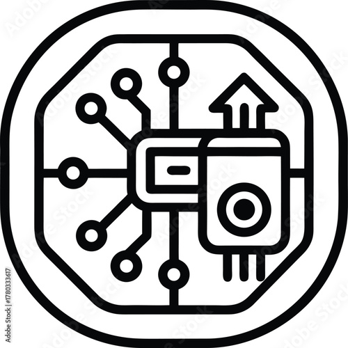 Abstract computer chip illustration with data flow symbol within an octagonal frame