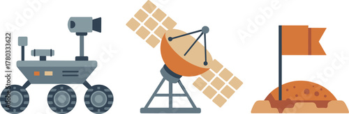 Space Exploration Set With Rover Satellite Dish And Flag On Moon vector illustration