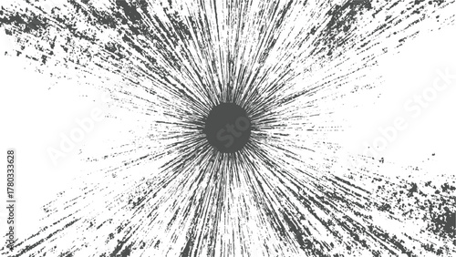 Dark grey circular explosion pattern with scattered speckles on white background abstract black