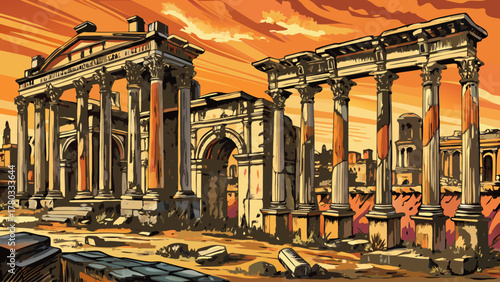 Very beautiful ancient Roman ruins with weathered arches and broken pillars in vintage engraving style, detailed lines and classical architecture creating a historic artistic scene.