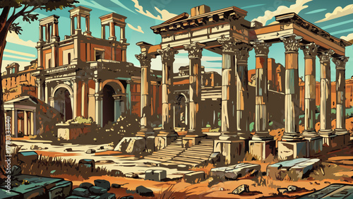 Very beautiful ancient Roman ruins with weathered arches and broken pillars in vintage engraving style, detailed lines and classical architecture creating a historic artistic scene.