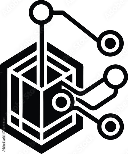 Decentralized blockchain icon network with interconnected nodes on transparent background