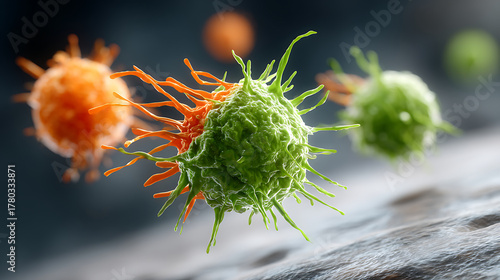Creative 3d rendering of diverse virus strains interacting, symbolizing mutation theory, immunity, and evolutionary biology.