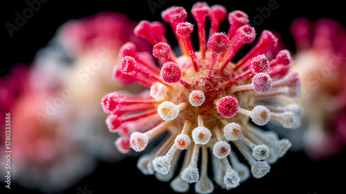 Creative 3d rendering of diverse virus strains interacting, symbolizing mutation theory, immunity, and evolutionary biology.