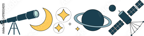 Telescope Moon Stars Planet Satellite Space Exploration Icons tripod astronomy