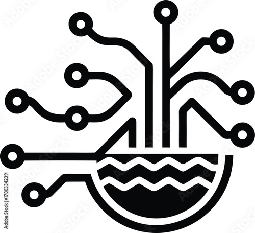 Circuit board with water basin symbolizes digital growth and liquid cooling