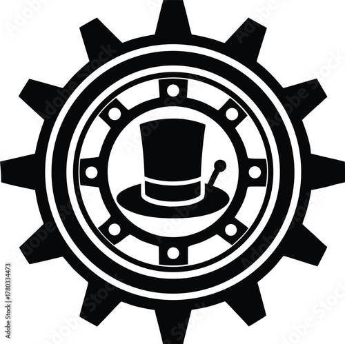 Top hat gear logo icon design with bowler hat symbol inside vector illustration