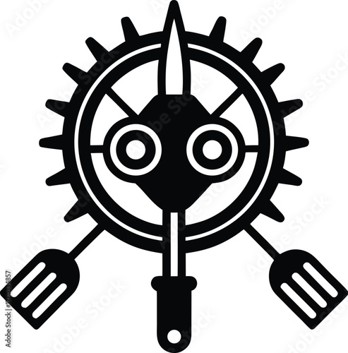Abstract gear with central mixer and two forks illustration for cooking
