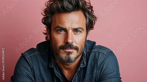 Man with stylish hair and beard poses against a pink background in a casual denim shirt