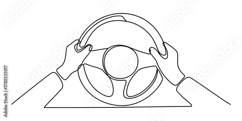 Hands on a steering wheel, continuous line art for driving journey.