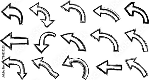 set of hand drawn abstract distress grunge brush arrows, set of black and white silhouettes of various brushed strokes, Hand-drawn collection of various arrow and brush set.