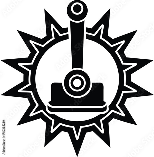 Abstract joystick icon in a spiked gear symbol with lever and button