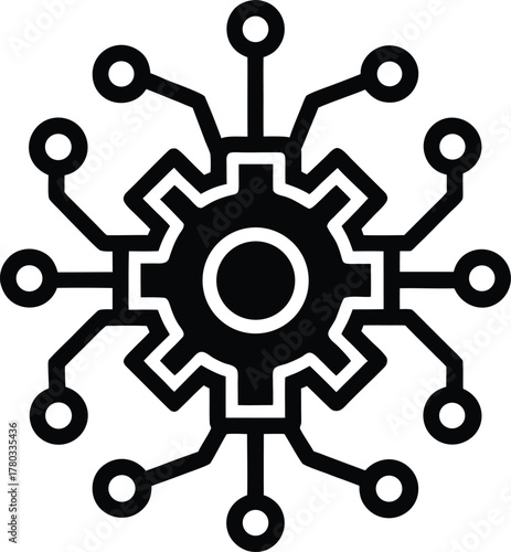Automation technology icon showing gear mechanism with distributed connections
