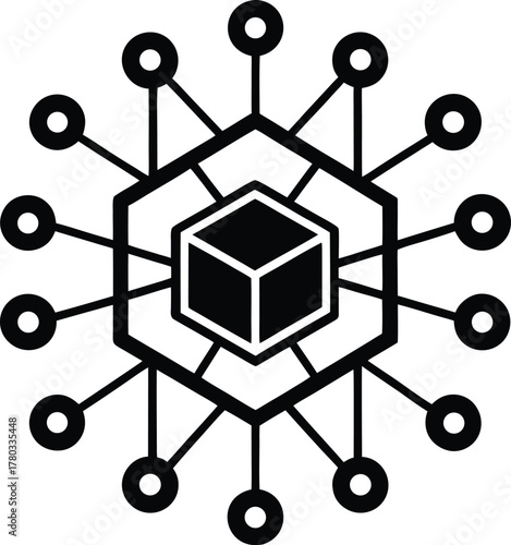 Blockchain technology icon with interconnected network nodes around central cube