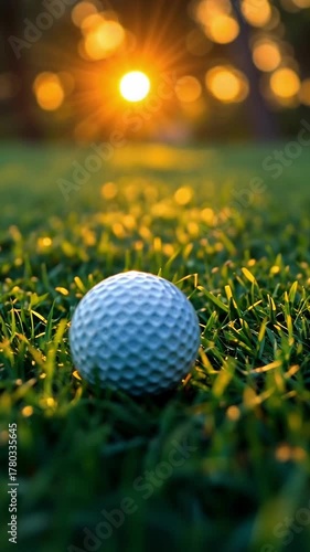 Golf ball resting on green grass during sunset, capturing the beauty of nature and sport