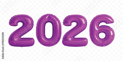 realistic 3d 2026 typography made by with different color foil balloons isolated on transparent background