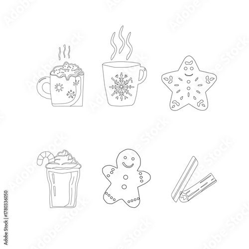 Christmas Drinks and Cookies Icon Set Outline. Cute Winter Hot Chocolate Mug Collection.Christmas doodle hot beverages with holiday decorations.Holiday food outline icons set.Festive Christmas cookies