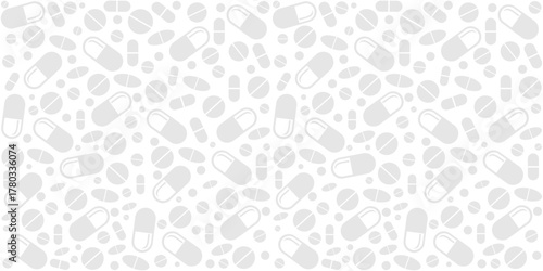 Seamless pattern with medicines, capsules, medicaments, drugs, pills and tablets. Medical pharmacy backgrounds and textures. Good for textile fabric design, wrapping paper, website wallpapers, textile