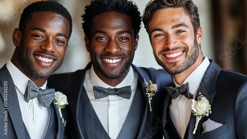 Friends enjoying a joyful moment together in formal attire at an elegant event