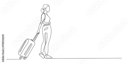 Continuous line drawing of a woman traveler pulling a suitcase