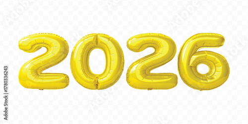 realistic 3d 2026 typography made by with different color foil balloons isolated on transparent background
