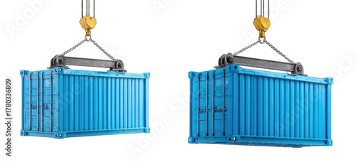 Two blue shipping containers suspended by yellow crane