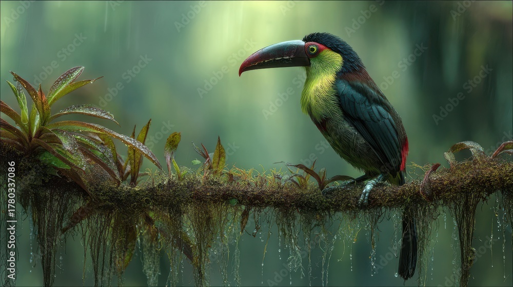 Naklejka premium Tropical Toucan Bird on Mossy Branch
