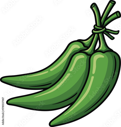 Cartoon Green Chili Peppers Bunch Vector Illustration - Spicy Vegetable Cooking Graphic