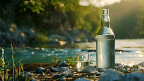 Refreshing water bottle and glass by a serene river at sunset