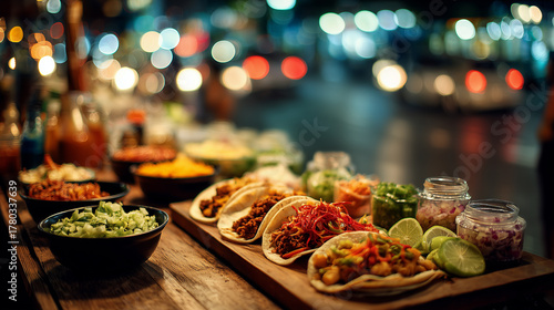 Colorful fusion street food stand at night market serving Korean-Mexican tacos, vibrant cinematic look. Street food serving fusion tacos with Korean and Mexican elements, night market.