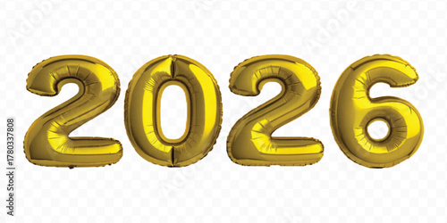 realistic 3d 2026 typography made by with different color foil balloons isolated on transparent background