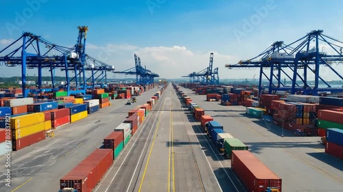 Wide angle view of a massive shipping port terminal with colorful containers and towering industrial cranes